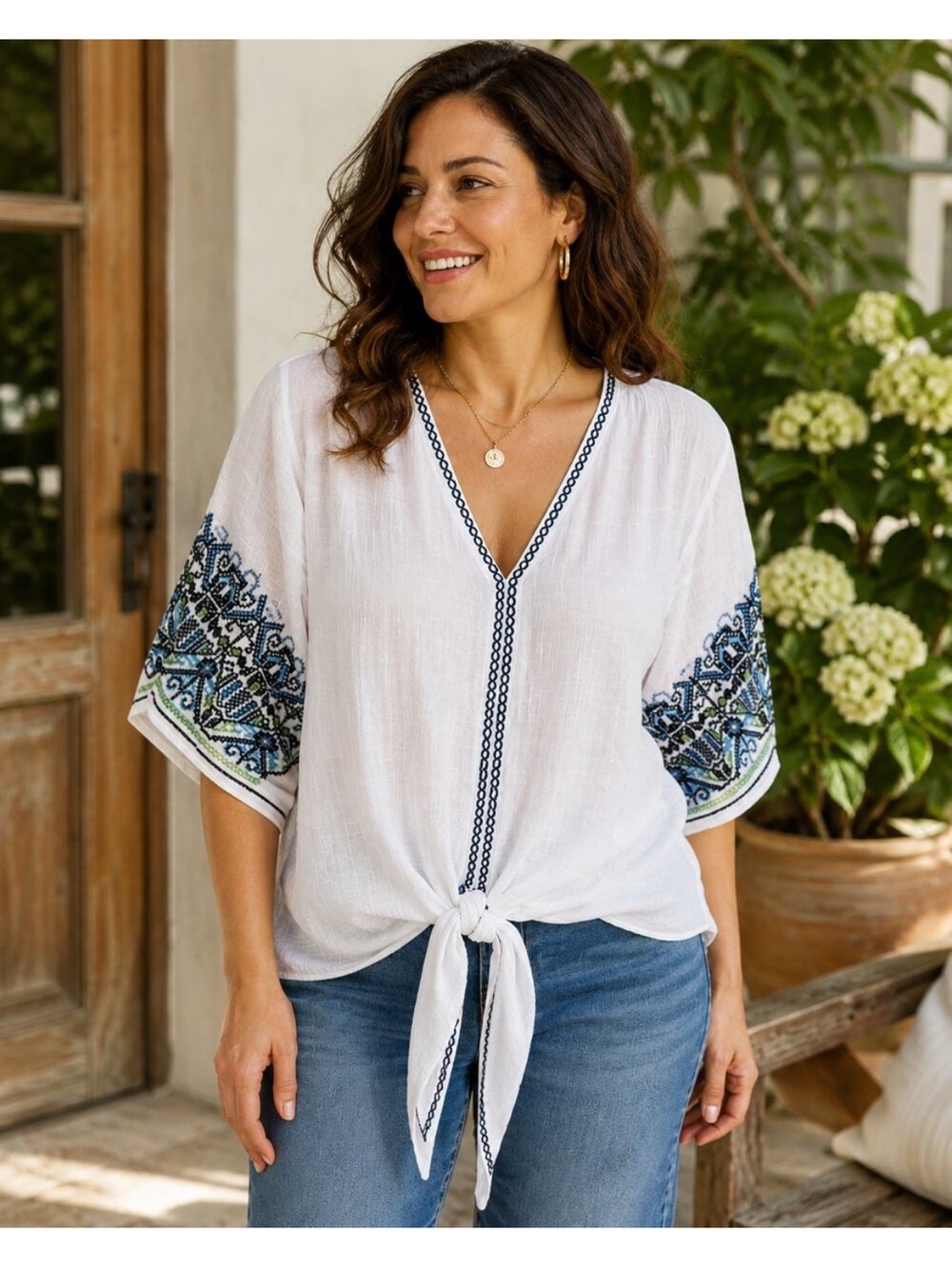Max Studio White Tie-Front V-Neck Blouse with Blue & Green Embroidered Sleeves